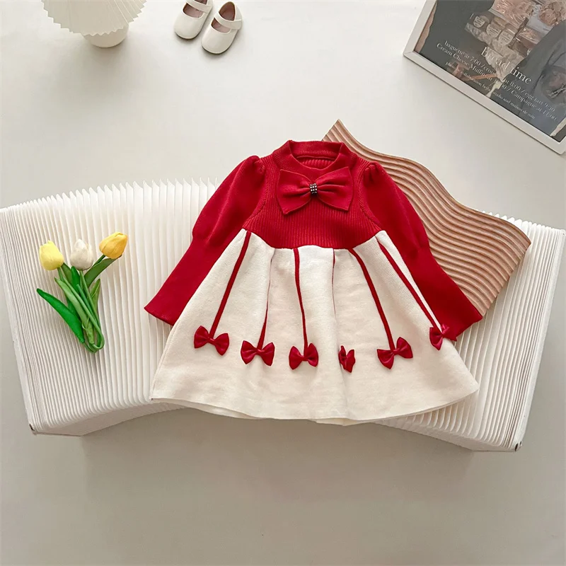 Girls Sweater Dress Children\'s Autumn Winter Knitted Gown New Bow Sweet Princess Vestidos Kids Fashion Warm Cotton Clothing