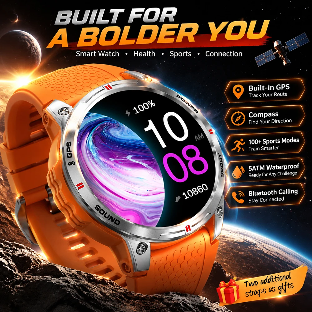 Built-in GPS Smart Watch Men 1.5 Inch AMOLED Display Compass Bluetooth Call 5ATM Waterproof 100+ Sports Modes Fitness Smartwatch