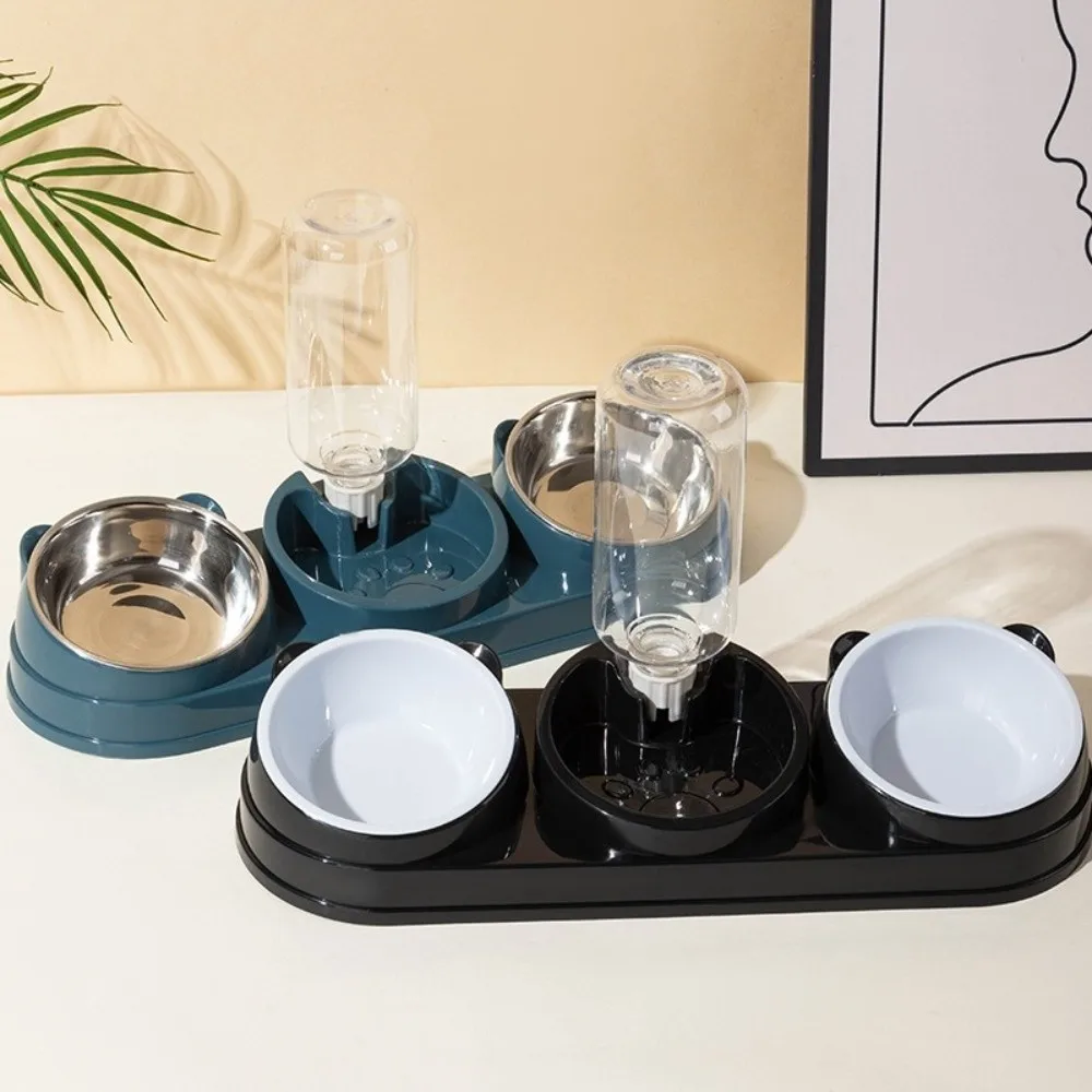 Fournitures pour animaux de compagnie : Distributeur d'eau automatique 3-en-1 pour chat, avec double gamelle surélevée à 15 degrés et protection du cou, et conteneur de nourriture pour chat