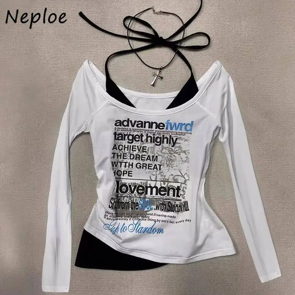 

BabYoung American Vintage Halter Casual T-Shirt Y2K Fake Two Pieces Long Sleeve Women Clothing Thin Slim Sexy Haruku Crop Top