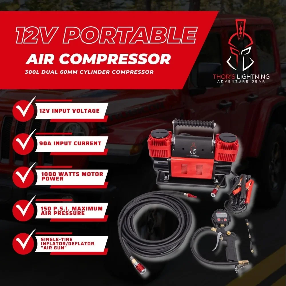 Thor's Lightning Bolt Portable 12v True Dual Air Compressor 10.6 CFM with Digital Pressure Gauge, Single-Tire Inflator/Deflator