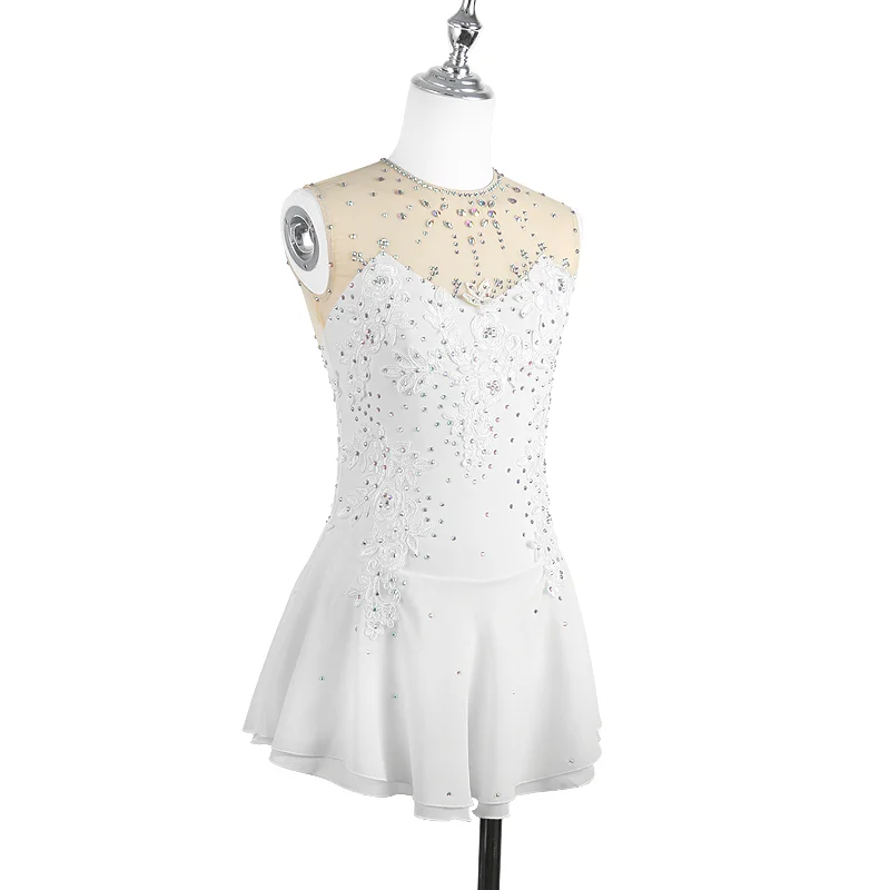 Zagitova Figure Skating Dress For Women Girls Ice Skating White Sleeveless Three-dimensional Flower Lace With Shiny Diamond