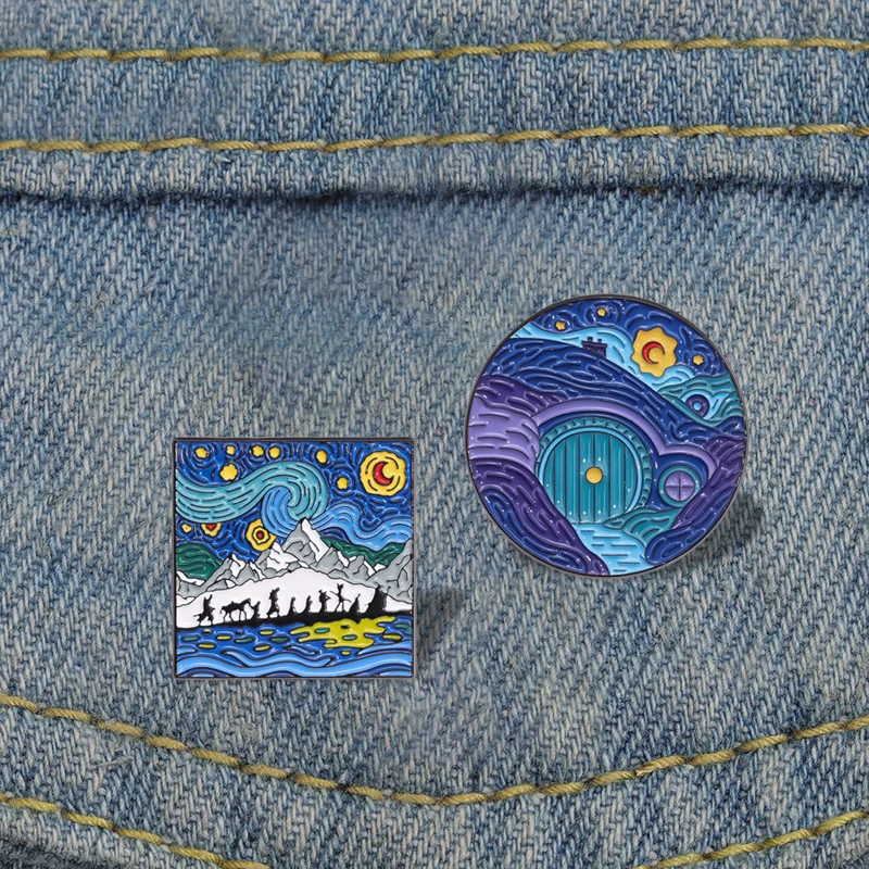 Night Sky Oil Painting Enamel Pins Custom Distorted Night Scene Brooches Lapel Badges Clothes Punk Jewelry Gift for Friends