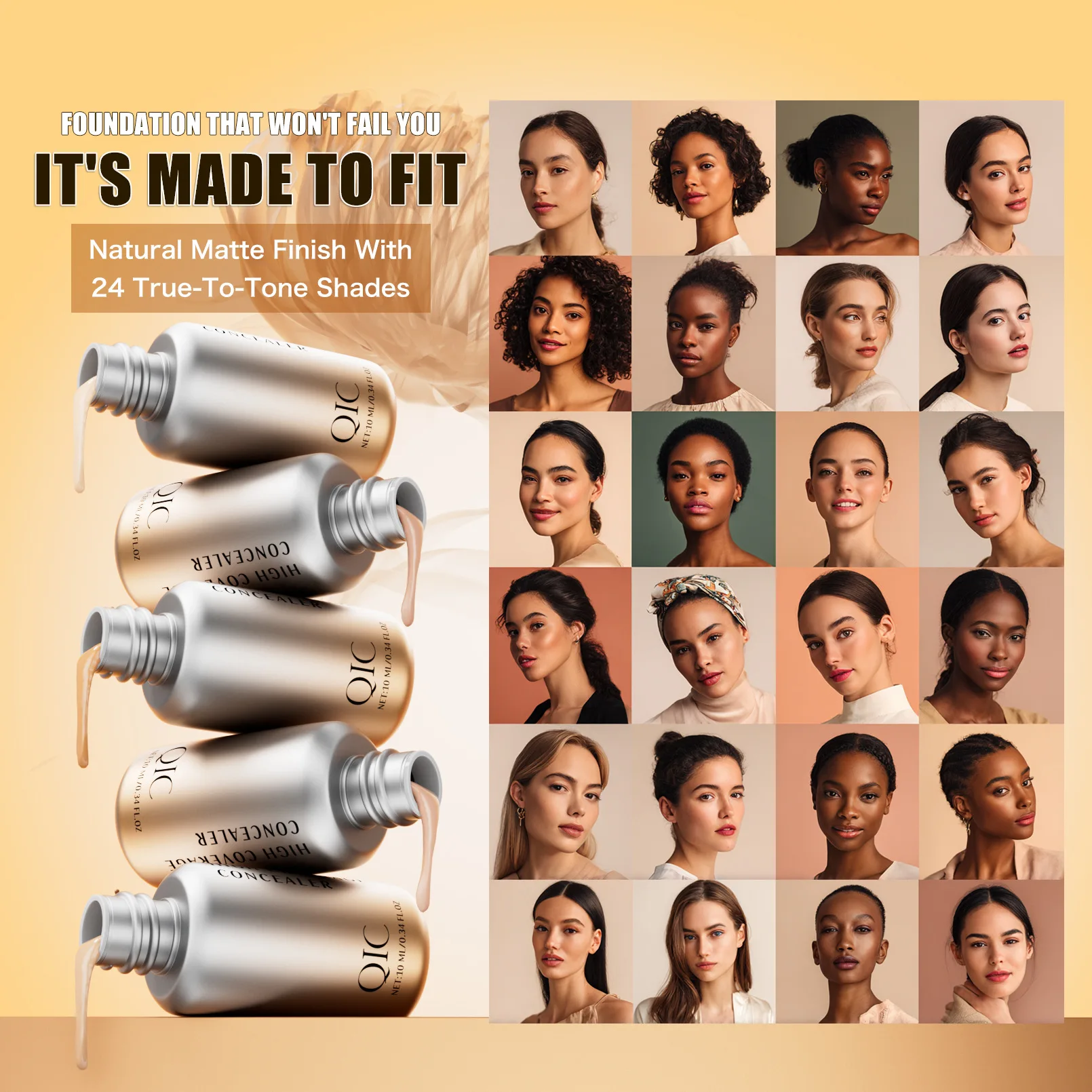 QIC Matte Longlasting Liquid Concealer 24H High Coverage Waterproof Sweatproof Conceals Dark Spot Stay Flawless Base Makeup