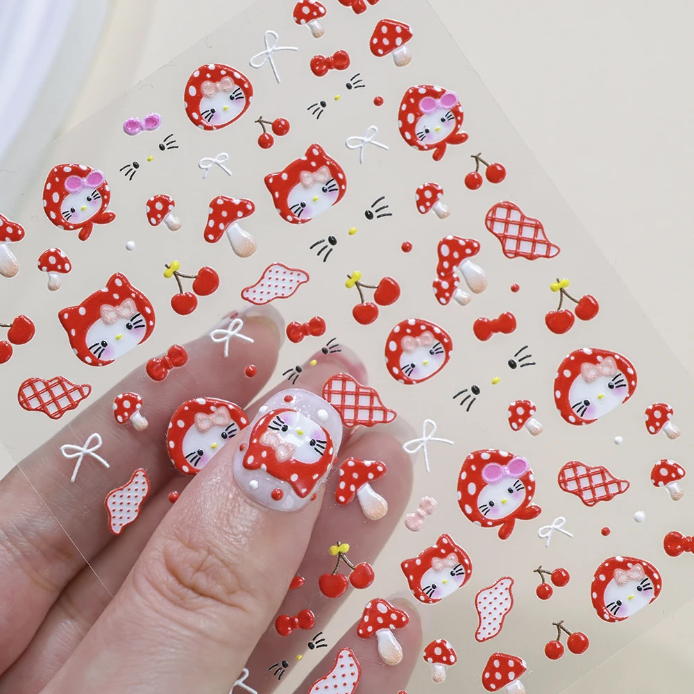 1Pc 5D Autumn Winter Hello Kitty Nail Stickers Kawaii Strawberry Cherry KT Head Scarf Cap Bow Adhesive Decals Manicure Sliders