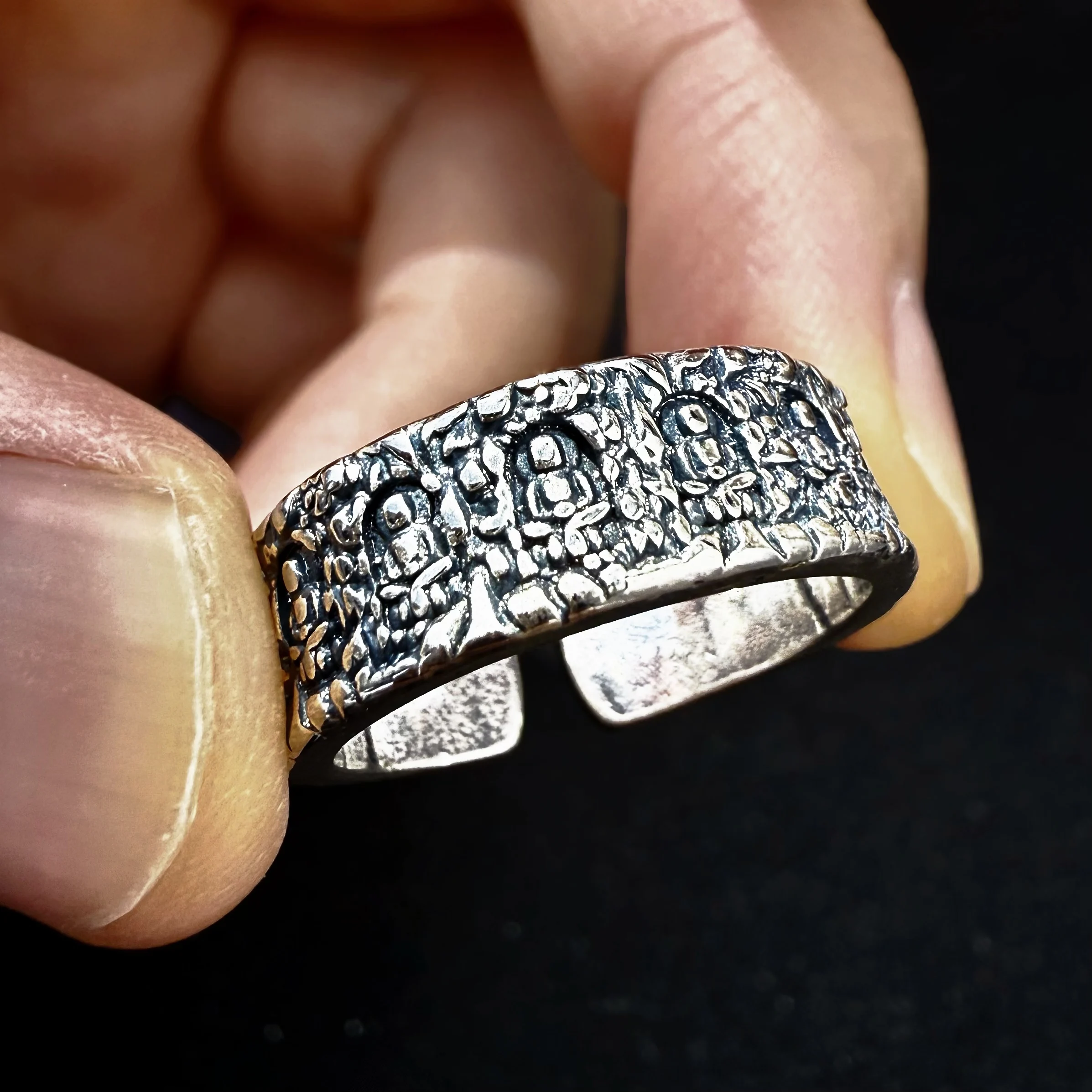 Anillo abierto Ajustable de cueva budista Retro para hombres, cobre Chapado en plata, joyería bouda Punk gótica, accesorios pacíficos, regalo bendito