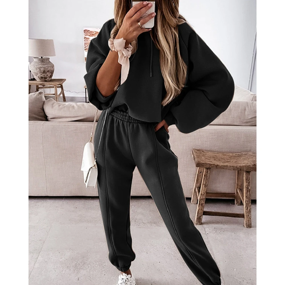 

Casual Women Solid Long Sleeve Hoodie Tops & High Waist Drawstring Cuffed Pants Set Spring Two Pieces Tracksuit Set Sportswear