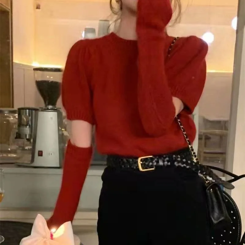 

Detachable Sleeve Knitted Sweater Women Summer Knit Fall Fringed Edge Crewneck Mid-Length Subculture Urban Hipster Girls' Style