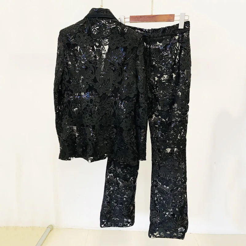 HKSH Spring Autumn New Women's Two-piece Set Notched Collar Mesh Embroidery Sequined Trendy Blazer Elegant Pants Fashion HK16011
