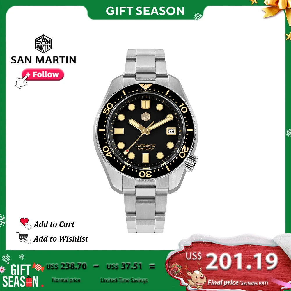 San Martin Design 44mm Men Diver Watch MM300 Sport Steel Vintage NH35 Automatic Mechanical Sapphire Waterproof 300M Lum SN0087