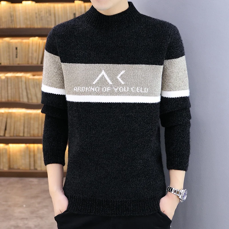 New Arrival Fashion Men\'s Sweater Letter Alphabet Patterned Round Collar Long Sleeve Mixed Color Slim Fit Korean Style Pullovers