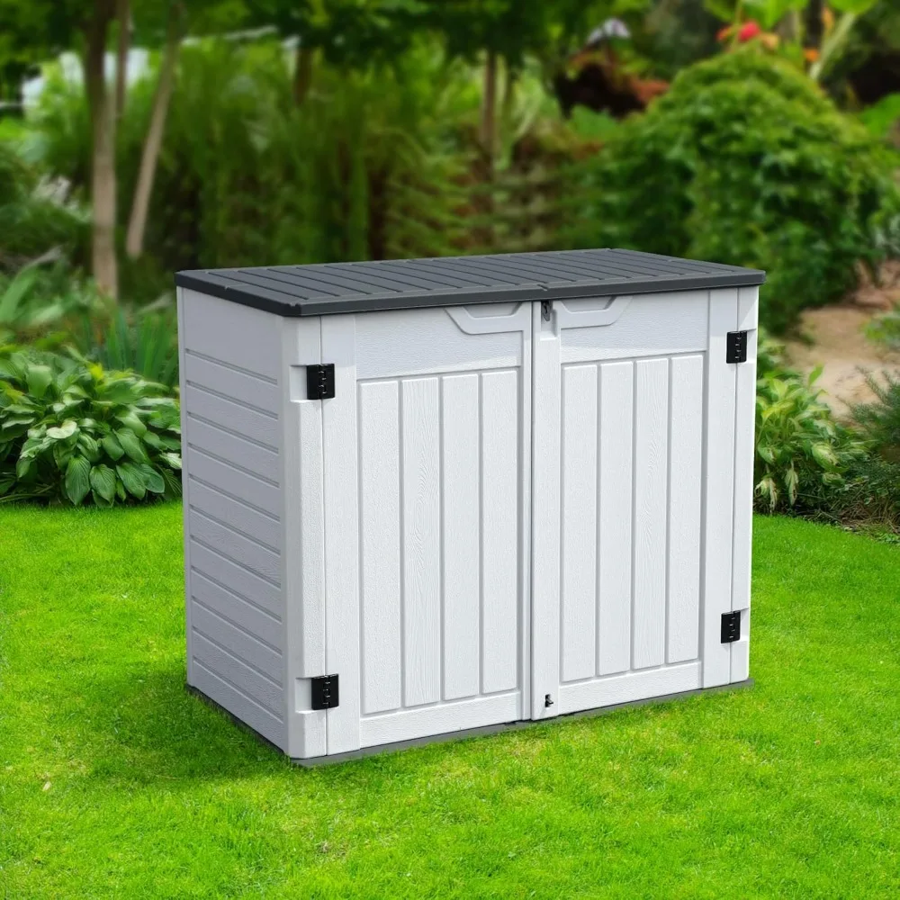 

Large outdoor horizontal storage shed, 4.5x4 feet resin tool shed, without shelves, easy to assemble, lockable, light gray