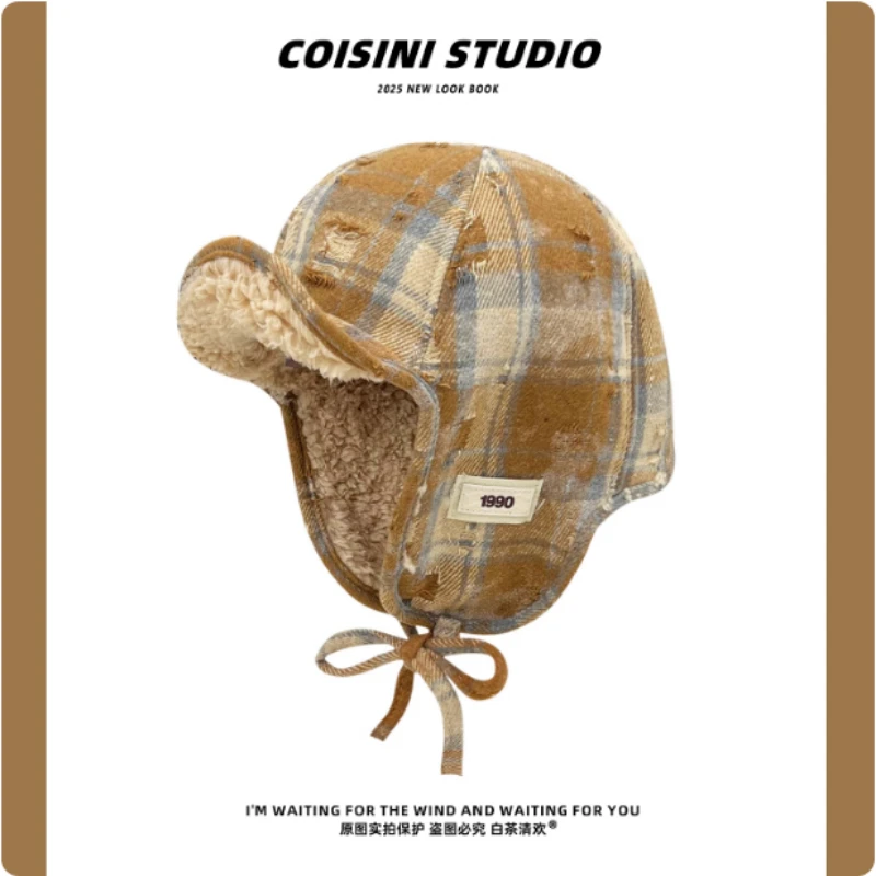 جديد ريترو ممزق منقوشة الرجال لي فنغ قبعة الشتاء في الهواء الطلق الصوف الدافئة ومتعددة الاستخدامات واقي أذن الدانتيل متابعة Bomber القبعات للنساء