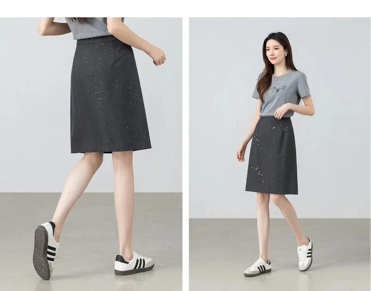 SENTUBILA Damen Schwarzer Gerader Rock 2026 Sommer Eleganter Modischer Perlenstickerei Silber Schimmernder Büro-Rock 162QF6640 – Detail 21
