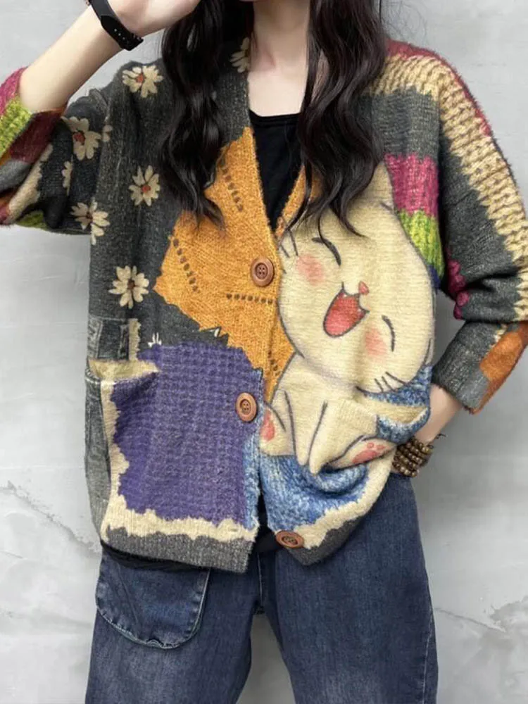 Max LuLu 2023 Winter Ladies Harajuku Style Cartoon Clothes Womens Fashion Printed Leisure Sweaters Luxury Loose Punk Cardigans