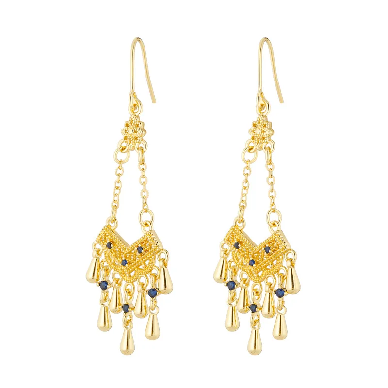 

Античные золотые поделки, полые серьги с павлином для женщин, модные серьги в этническом стиле, изысканные синие серьги с кисточками, свадебные украшения