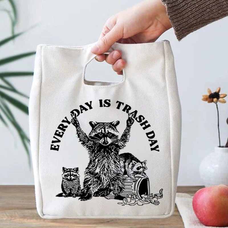 Funny Raccoon Pattern Canvas Lunch Bag Students Teens Funny Cartoon Cat Rock and Roll Music Design School Teen Picnic Food Bag