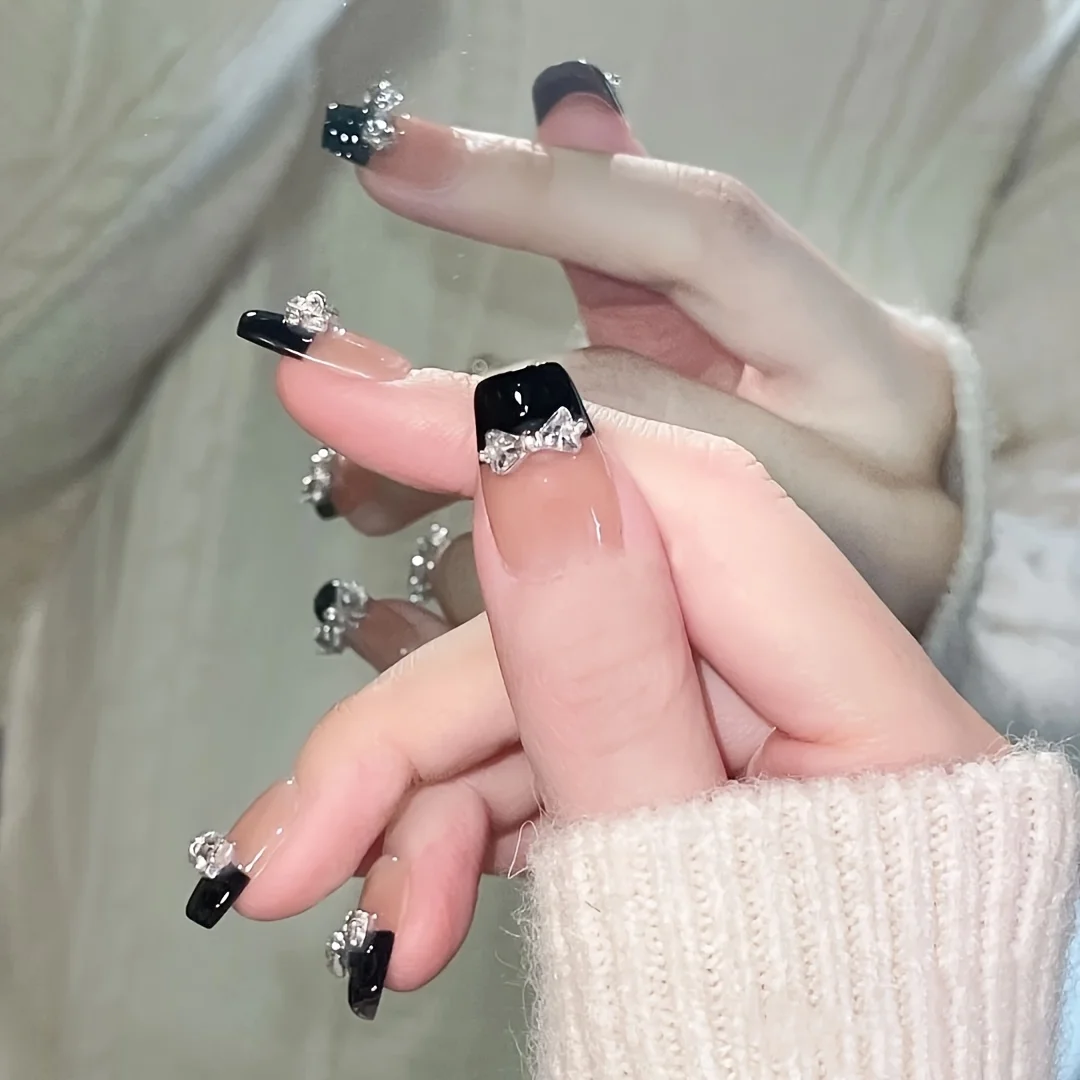 10 pièces presse à la main sur les ongles moyens, décoration d'ongles à nœud scintillant, décorations de manucure pour femmes et filles, ongles réutilisables