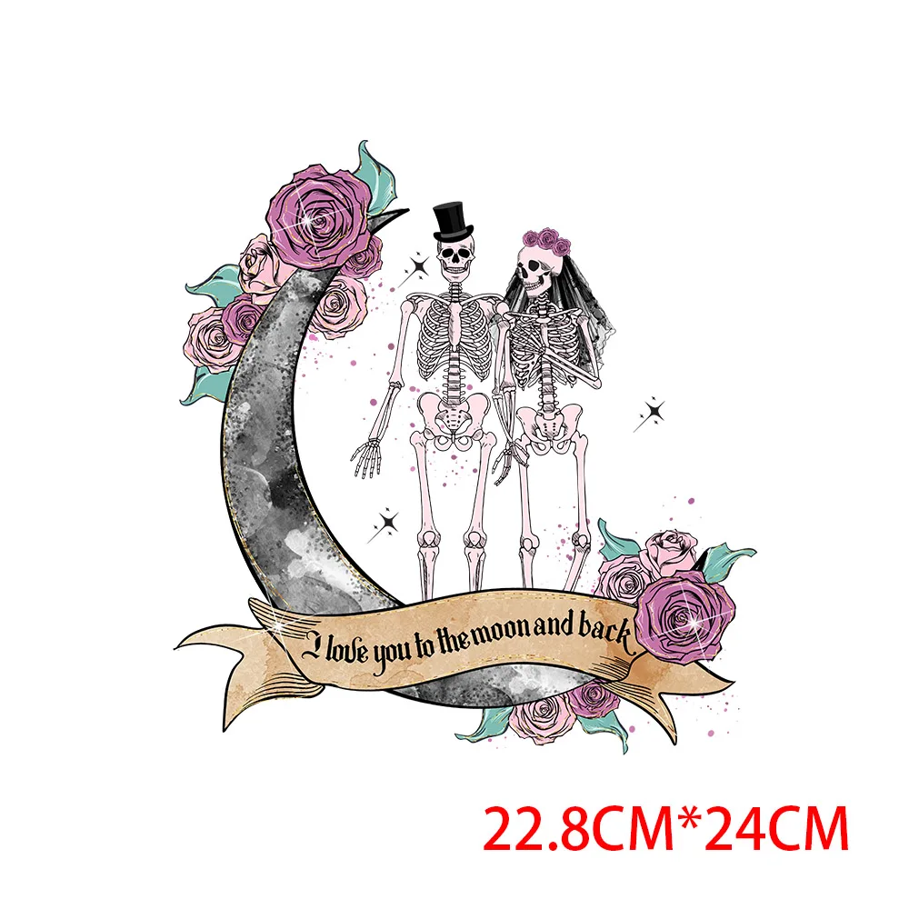 Skeleton Lovers Love Illustrated T-shirt Hot Transfer Flower  Parches Bordados Para La Ropa Iron on Transfers for Clothing