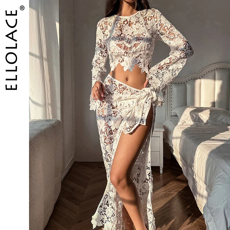

Ellolace Fantasy Daring Lingerie For Women Hollow Out Sexy Underwear with Top Dress Lace Complete Beach Bikini White Outfits