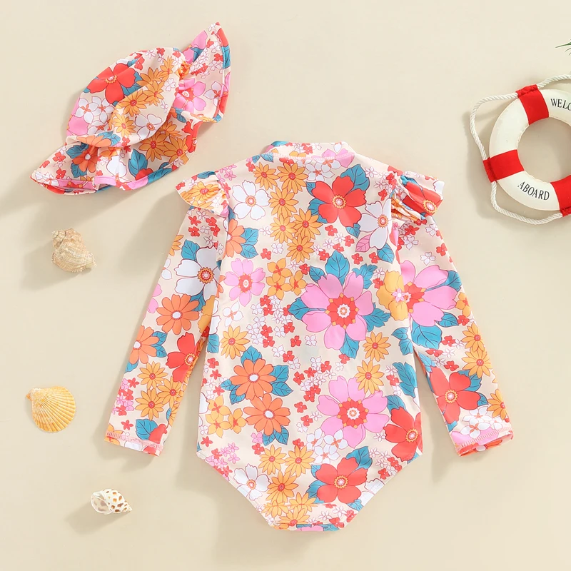 Toddler Girls Summer Romper Swimwear Long Sleeve O Neck Floral Bathing Suit + Hat