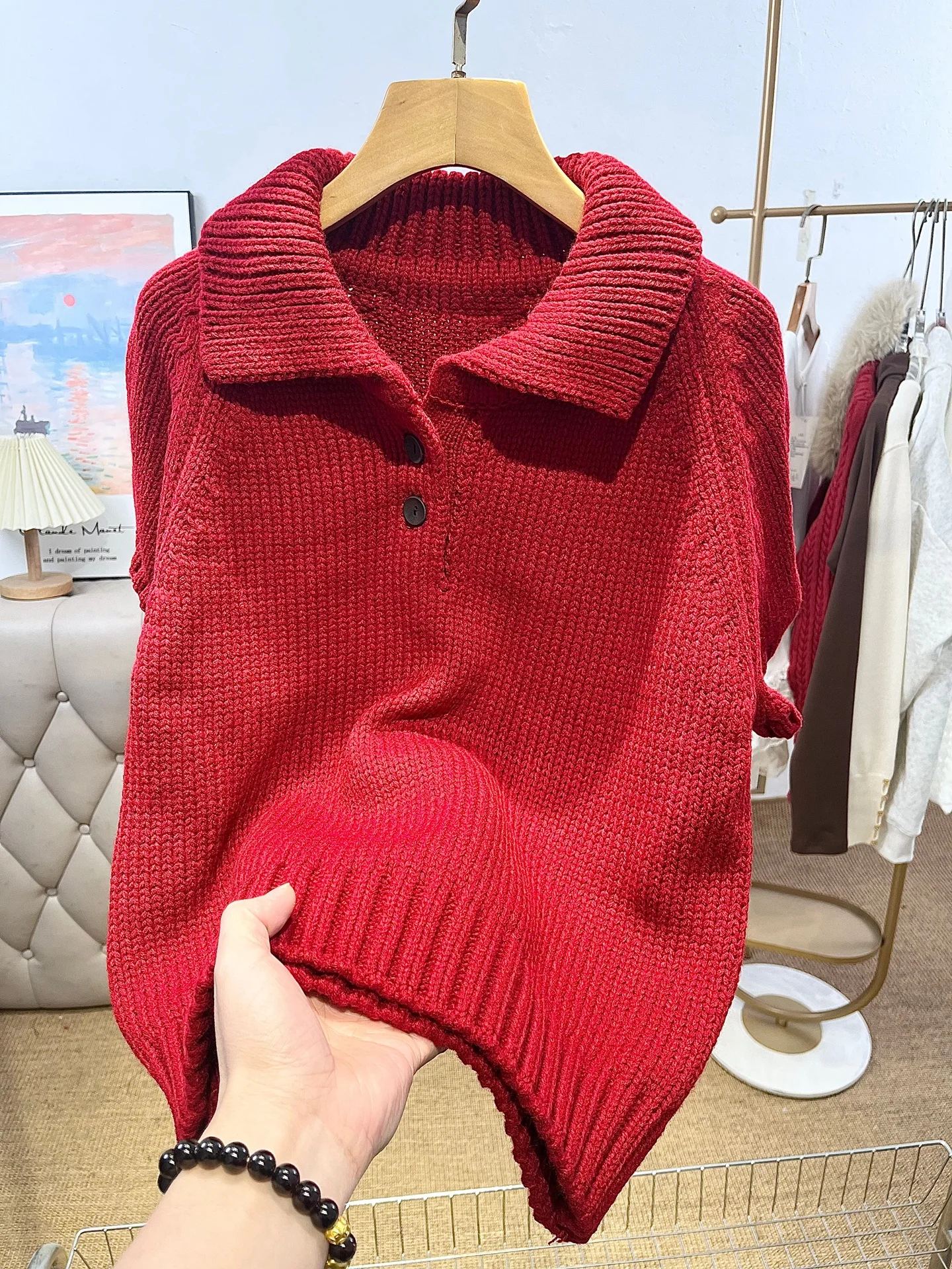 

Корейский красный вязаный свитер-топ для женщин, модный, универсальный, для многослойных образов, весна 2026, новинка