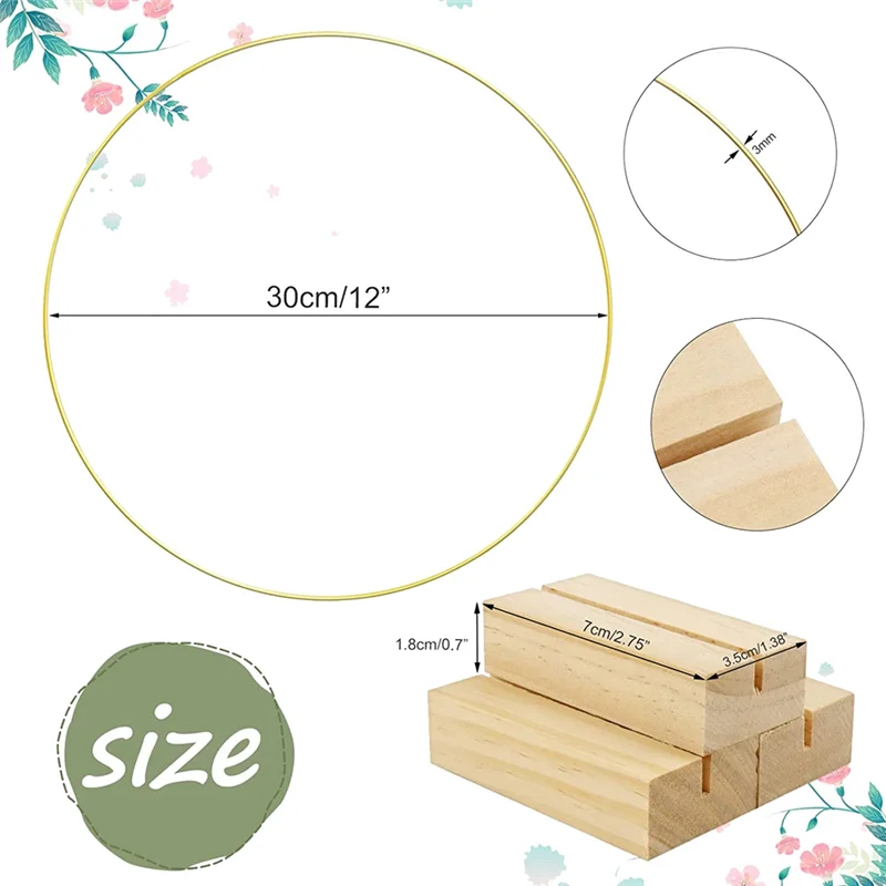 ABSE-8 PCS 12 Inch Metal Floral Hoop Centerpiece For Table, Metal Wreath Ring With 8 PCS Wood Place Card Holders For DIY