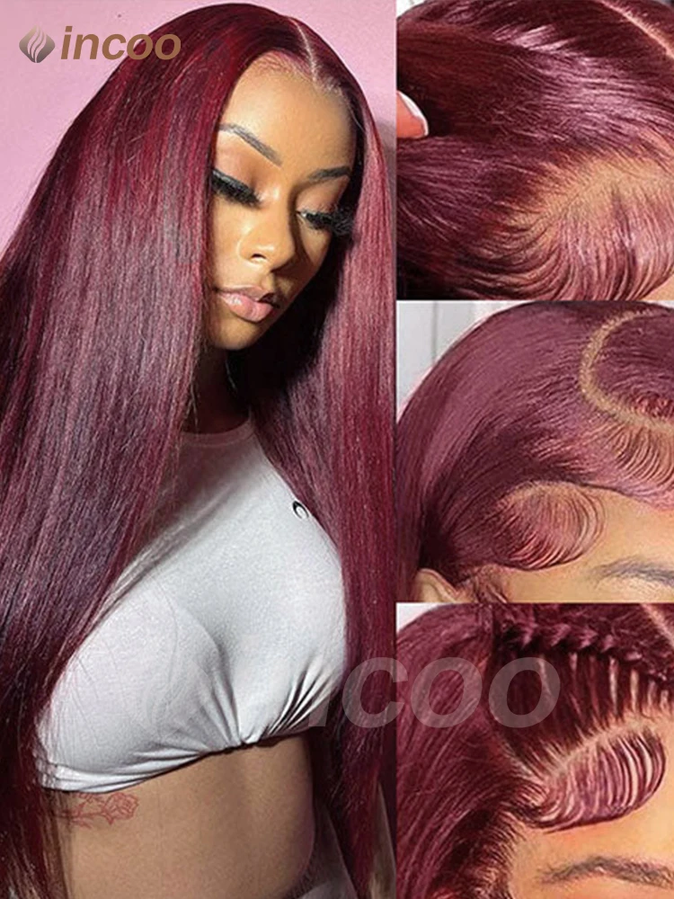 99J Rambut Lurus Peru Burgundy Gelap 13X6 Wig Renda Depan Wig Rambut Manusia Pra-petik Merah 13X4 Rambut Manusia Wig Renda Depan