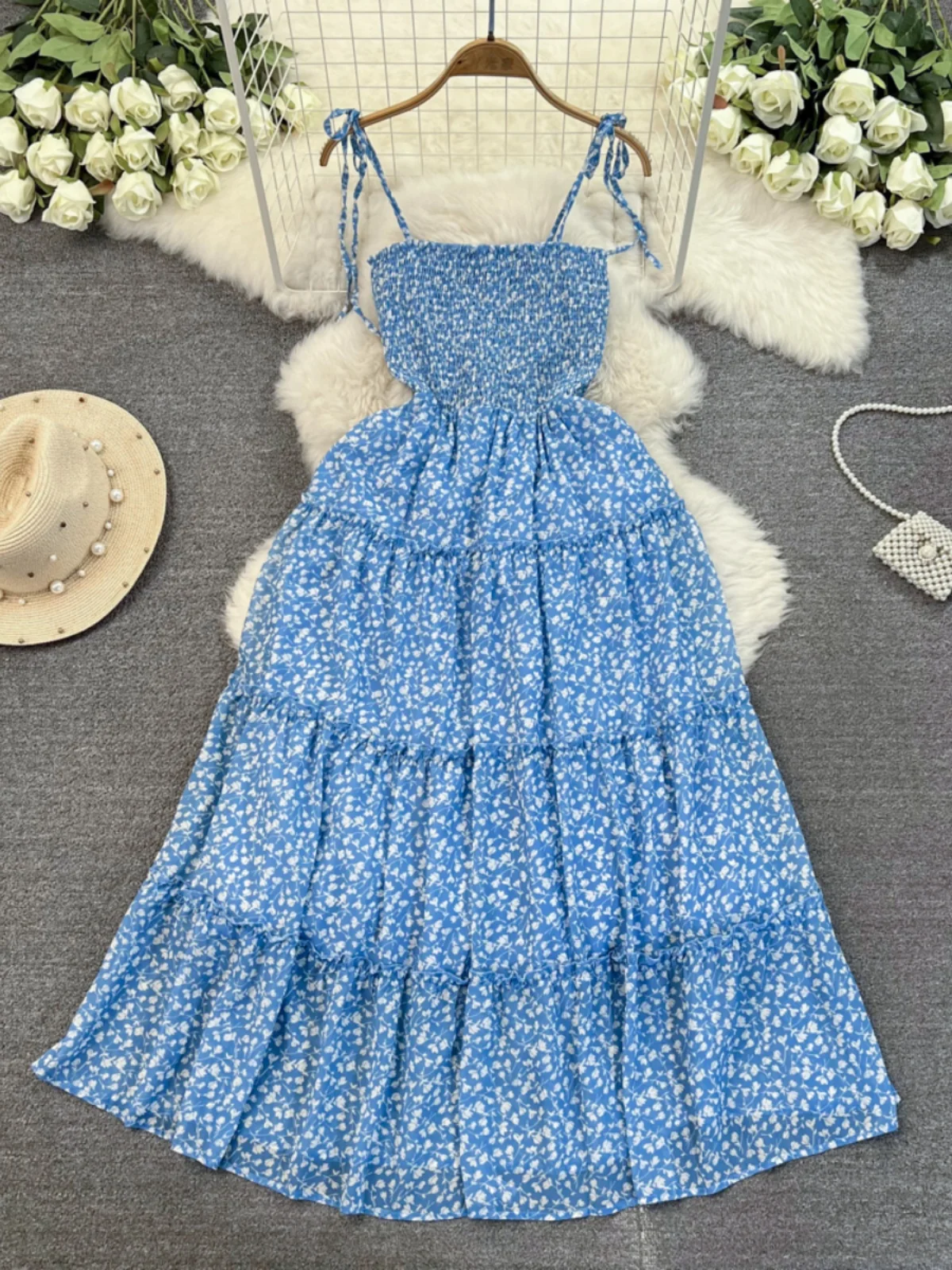 Blu Stampa floreale Maxi Dr Donna Primavera Estate Vita alta Tie Dye Strapl Abito da spiaggia Coreano Sle A-Line Midi Dr