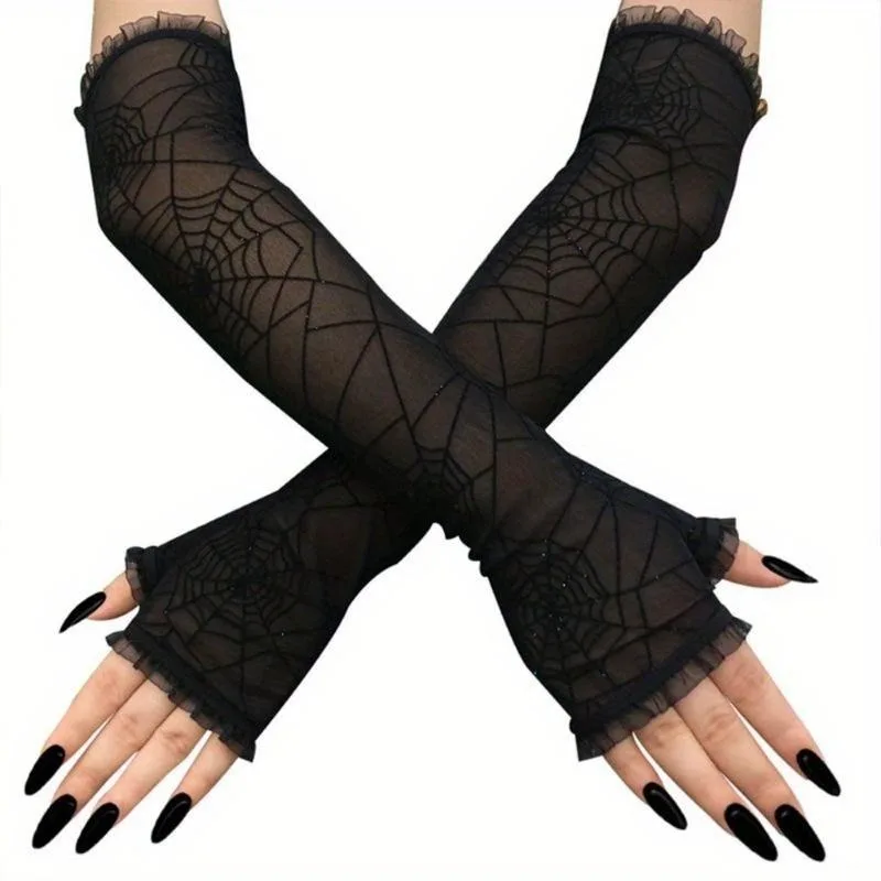 1Pair Women Halloween Fingerless Long Gloves Rhinestone Spider Web Arm Warmer Mittens Cosplay Costume Accessories Party