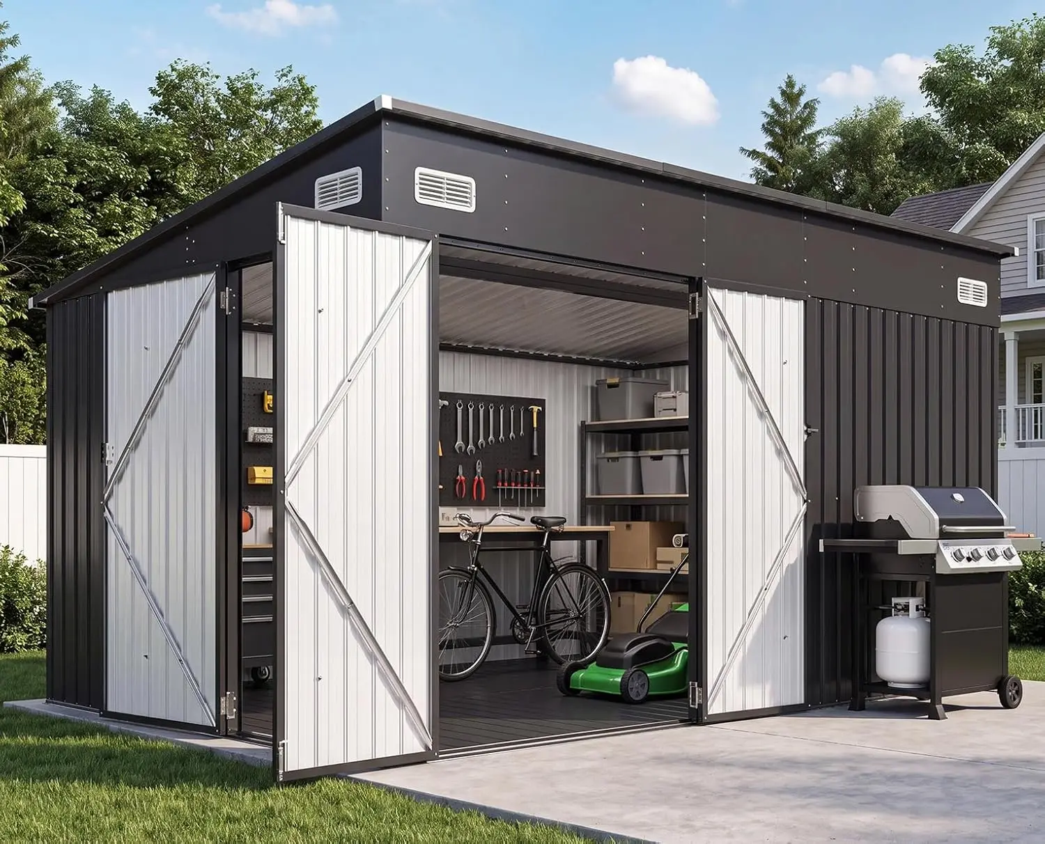 8'x12' Lean-to Metal Storage Shed with Floor & Triple Door, Customized