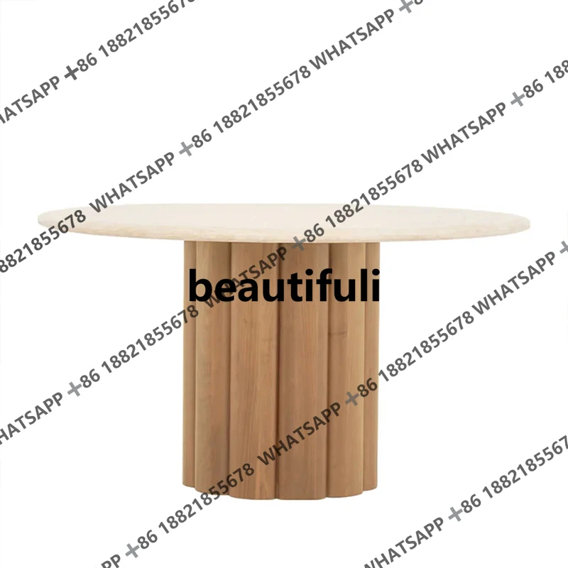 

Natural travertine dining table Designer dining room Solid wood base table French round table
