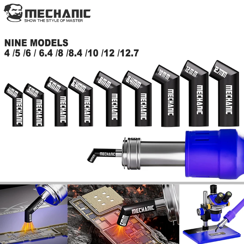 MECHANIC 861 Angled Heat Gun Nozzle Set 9 Sizes Premium Steel Tips for Precision Work Under Microscopes Fits Most Heat Guns