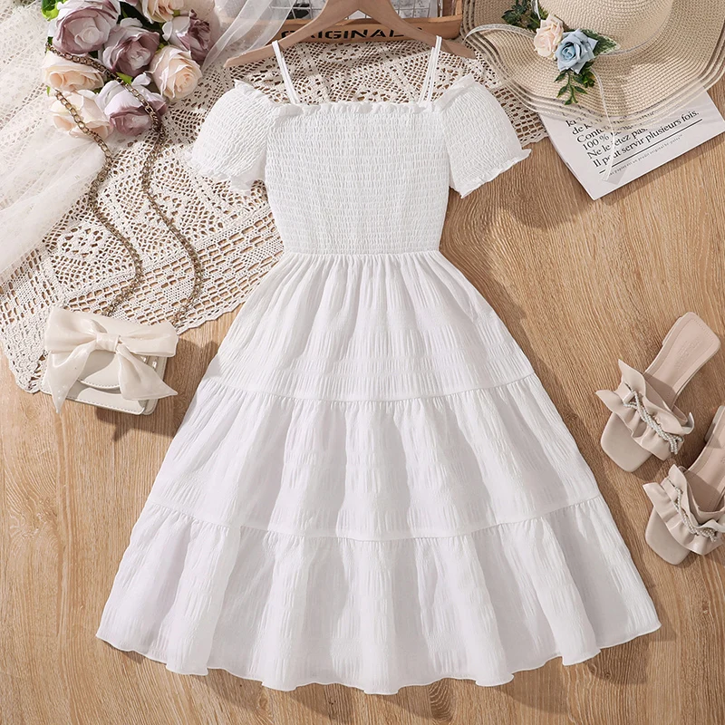 Kids White Dress Summer Off-the Shoulder Shirred-Bodice A-line Dress Birthday Party Communion Wedding Dress Tween Girls Dress