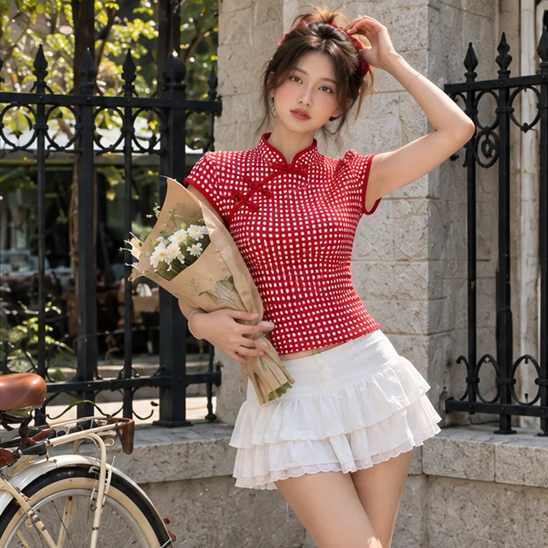 2026 Neues Damen-T-Shirt mit Gingham-Karo, Kurzarm, Stehkragen, Froschknopf, Slim Fit, Retro-Chinesischer Stil, Sommer-Mode-Oberteil – Detail 7