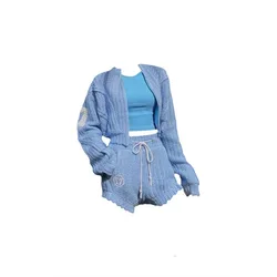 E-Girl 90s New 2 Set Ropa Mujer Chic Fashion Long Sleeve Letter Knitted Women Cardigan + Drawstring  All Match Short Pants