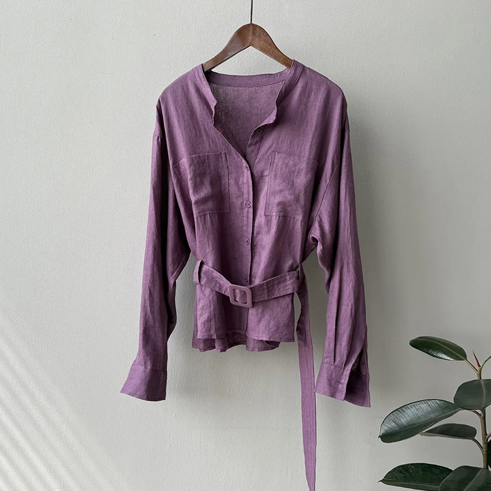 Kalsooni Camisa de lino para mujer de manga larga con cinturón Blusa elegante con botones de verano Top tipo túnica informal de oficina elegante y relajado