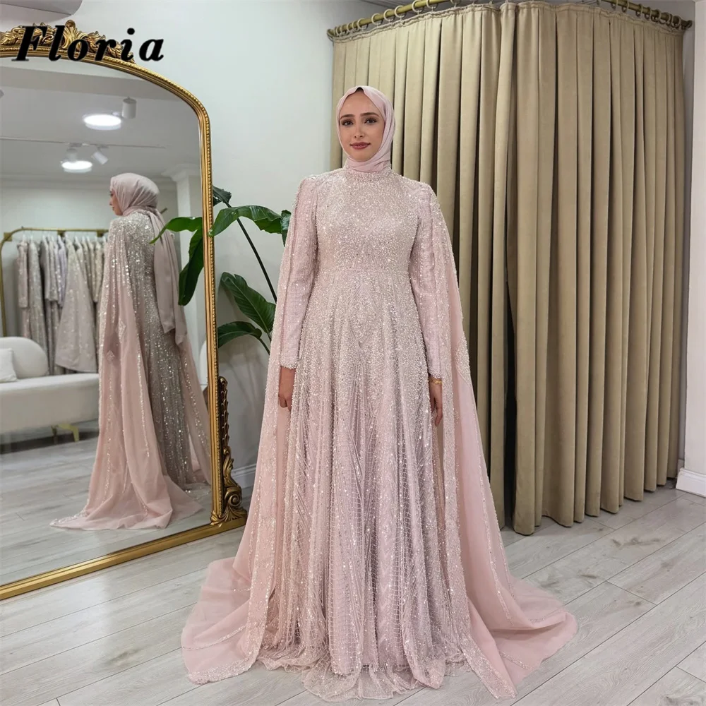 

Robes De Soirée Pink Beading Evening Dresses With Cape Customized A Line Prom Dress For Women Long Sleeves Party Night Gowns