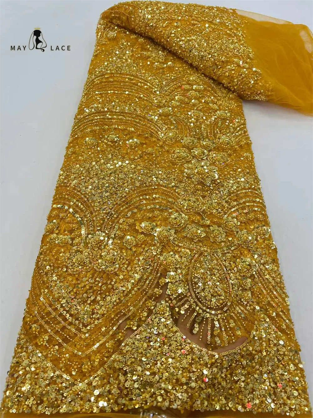 2026 New Design Luxury African Beaded Lace Fabric 5 Yards of African Sequins Lace Fabric For Wedding Party Gown Sewing Material 3