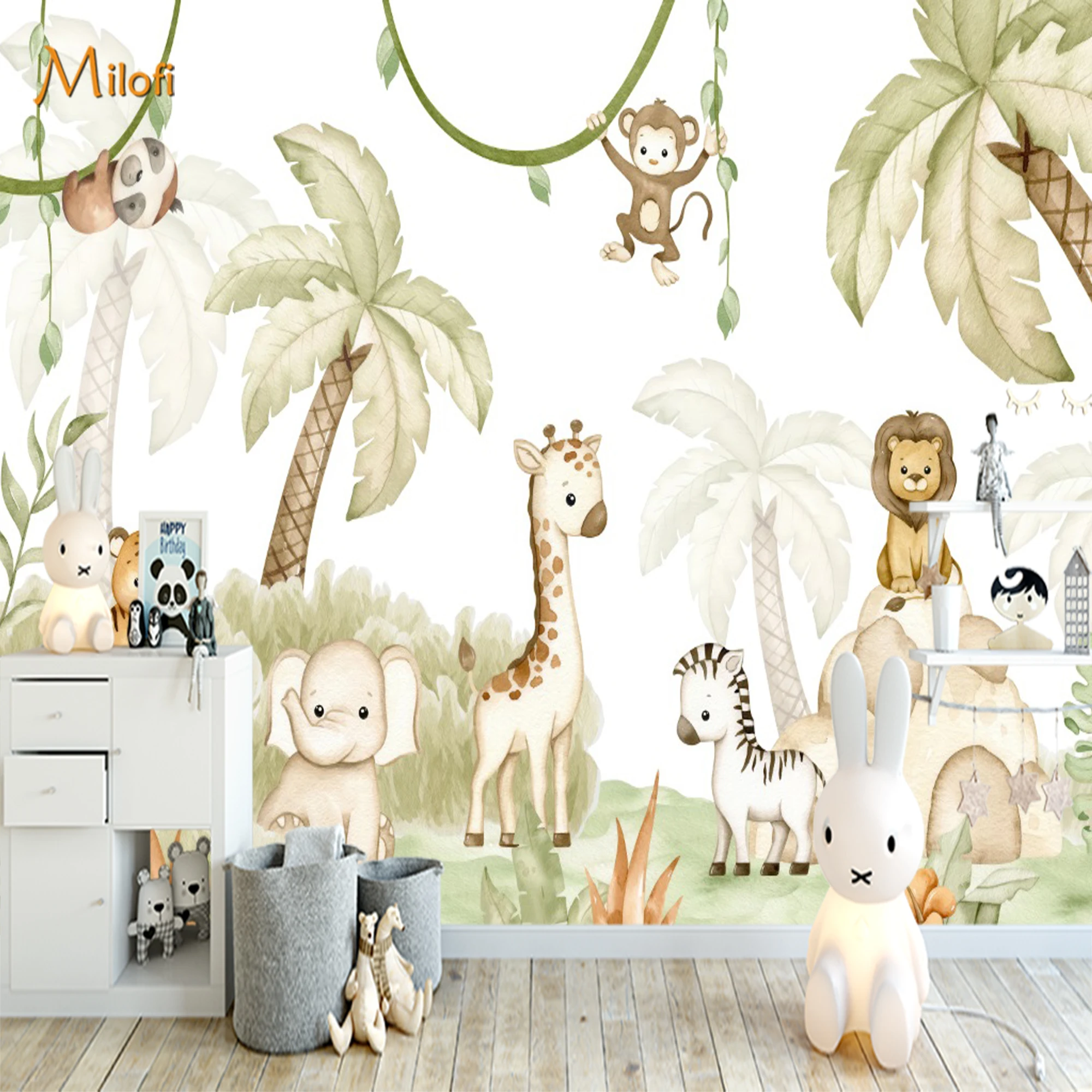 Custom Watercolor Safari Anima - Baby Nursery Jungle Wallpaper ulasan dan harga