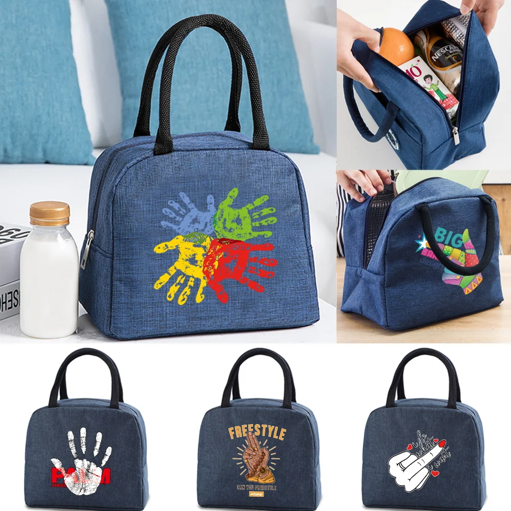 

Portable Lunch Bag for Women Insulated Canvas Cooler Bag Thermal Kids Food Tote for Work Picnic Lunch Bags Girl Hand Pattern