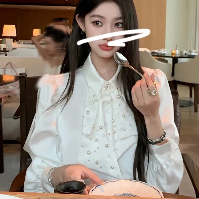 

Korean Elegant Beaded Blouse Women Long Sleeve Sweet Bow White Shirt Commuter Diamond Casual Fashion Solid Office Lady Top