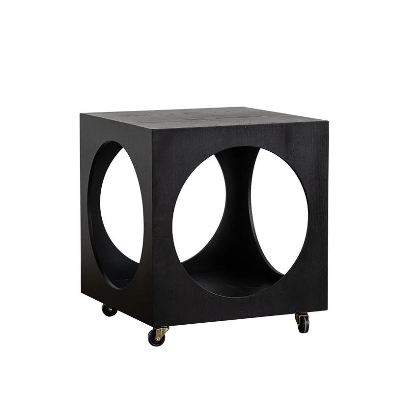 Nordic style solid wood hollow sofa side  medieval movable small coffeebedroom black bedside table square tea
