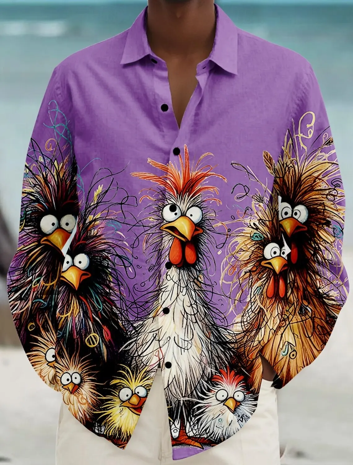 Divertente 3D Gallo Stampa Camicia a maniche lunghe da uomo Hip Hop Trend Street y2k Abbigliamento Moda Risvolto Camicie larghe Cardigan casual Top