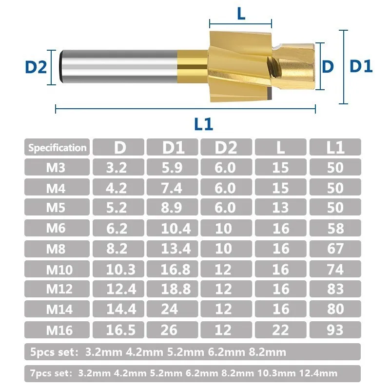 HSS Milling Cutter for Metal Counterbore Mould End Mill 6-12mm Shank Pilot Slotting Tool Countersink Endmill Drill Bit 