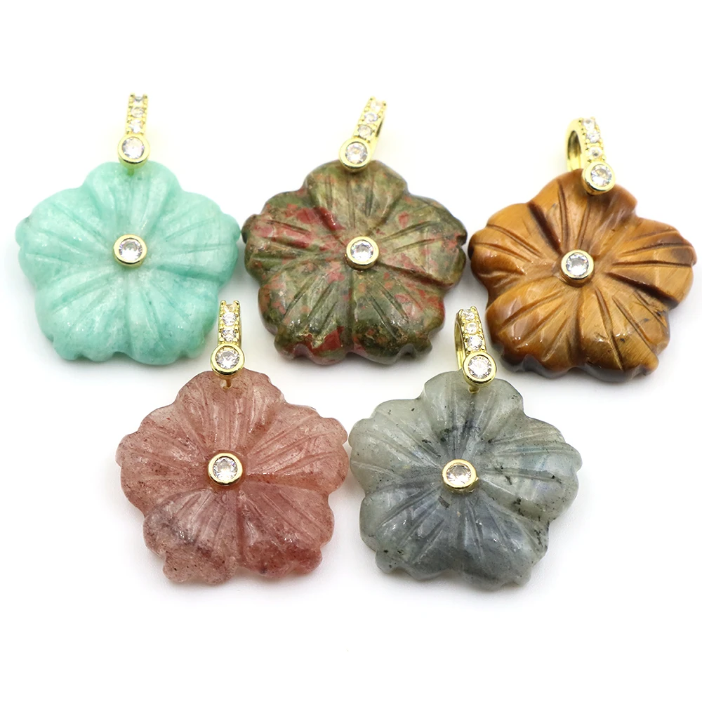 26mm Vividly Flower Shape Charm Colorful Gemstone Crystal Labradorite Stone With Zircon Paved DIY Necklace Fine Pendant Bracelet