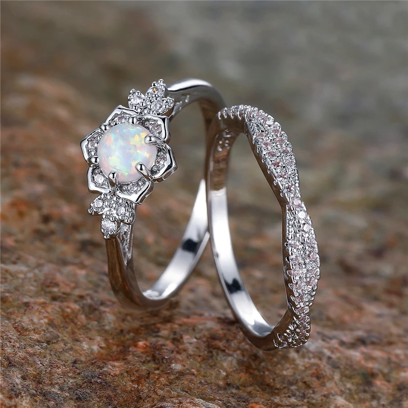 خمر الإناث الأبيض النار أوبال زهرة خاتم الخطوبة مجموعة لطيف فضي اللون مجوهرات الزفاف للنساء