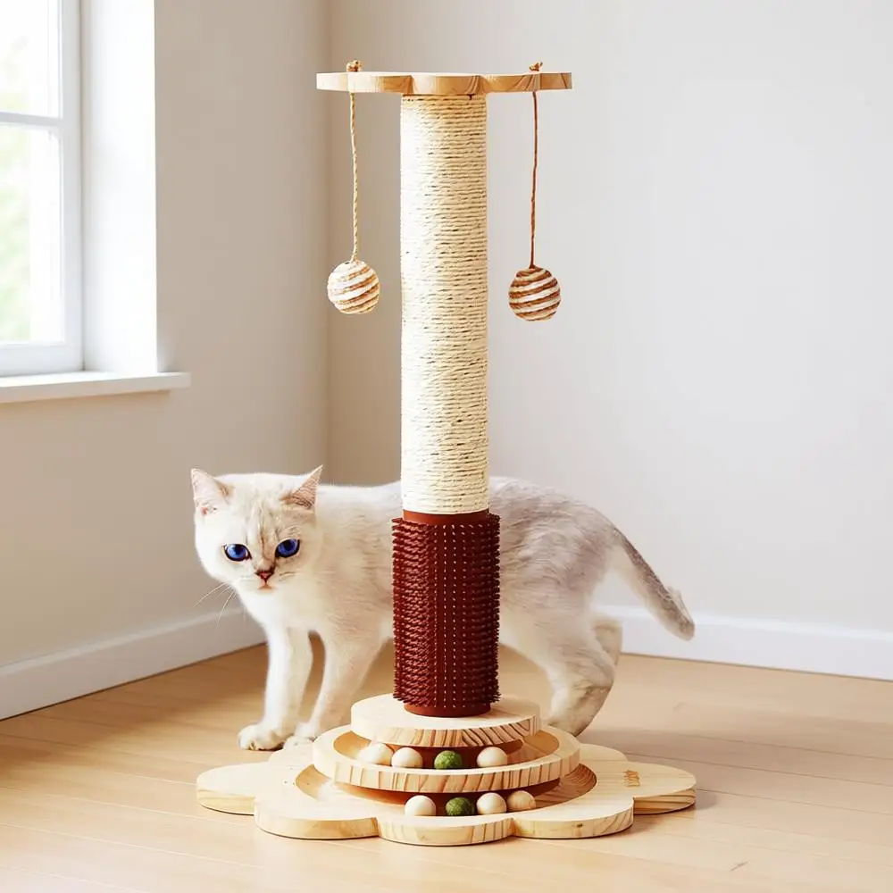 

Деревянная игрушка-кресало для кошек 4 в 1 с грумером, высокая стойка для когтей 24 дюйма с 2-уровневой интерактивной дорожкой для мячиков, кошачий дерево-лазалка