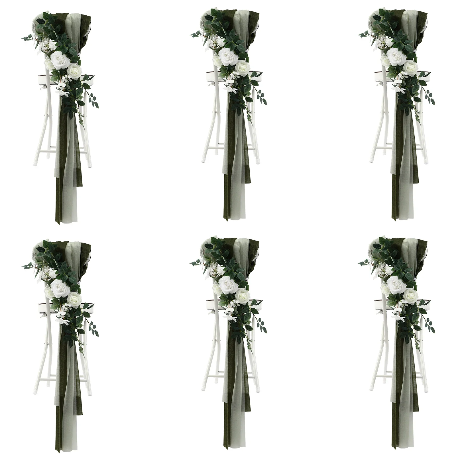 6 قطع من زينة كرسي الزفاف مع أقواس شريطية وأقمشة ثني خضراء للغابات 3 في 1 للاحتفال بحفلات أعياد الميلاد