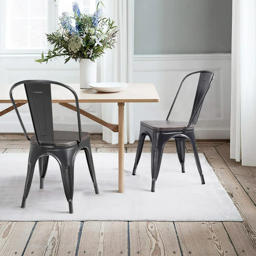 Furniwell 4 Pcs Black Metal Dining Chairs Wood Seat Stackable Industrial Tolix Chair For Indoor Outdoor Kitchen Bistro Cafe